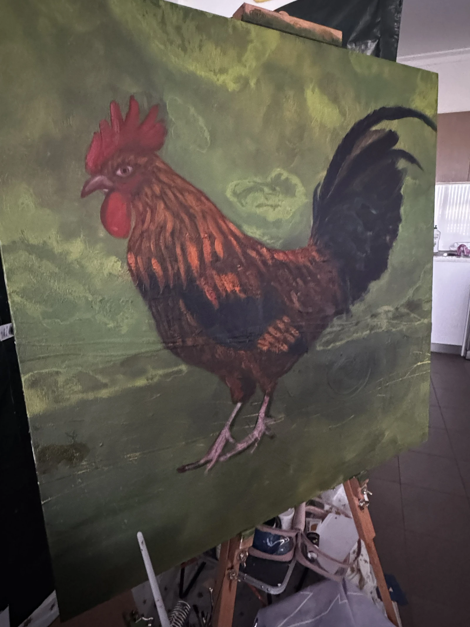 The lighting is terrible in my house but I've made some good progress on commission for client Lane W. There's still a but to be done but for my first chicken / rooster I'm enjoying the process of finding light and building structure through the feathers.
