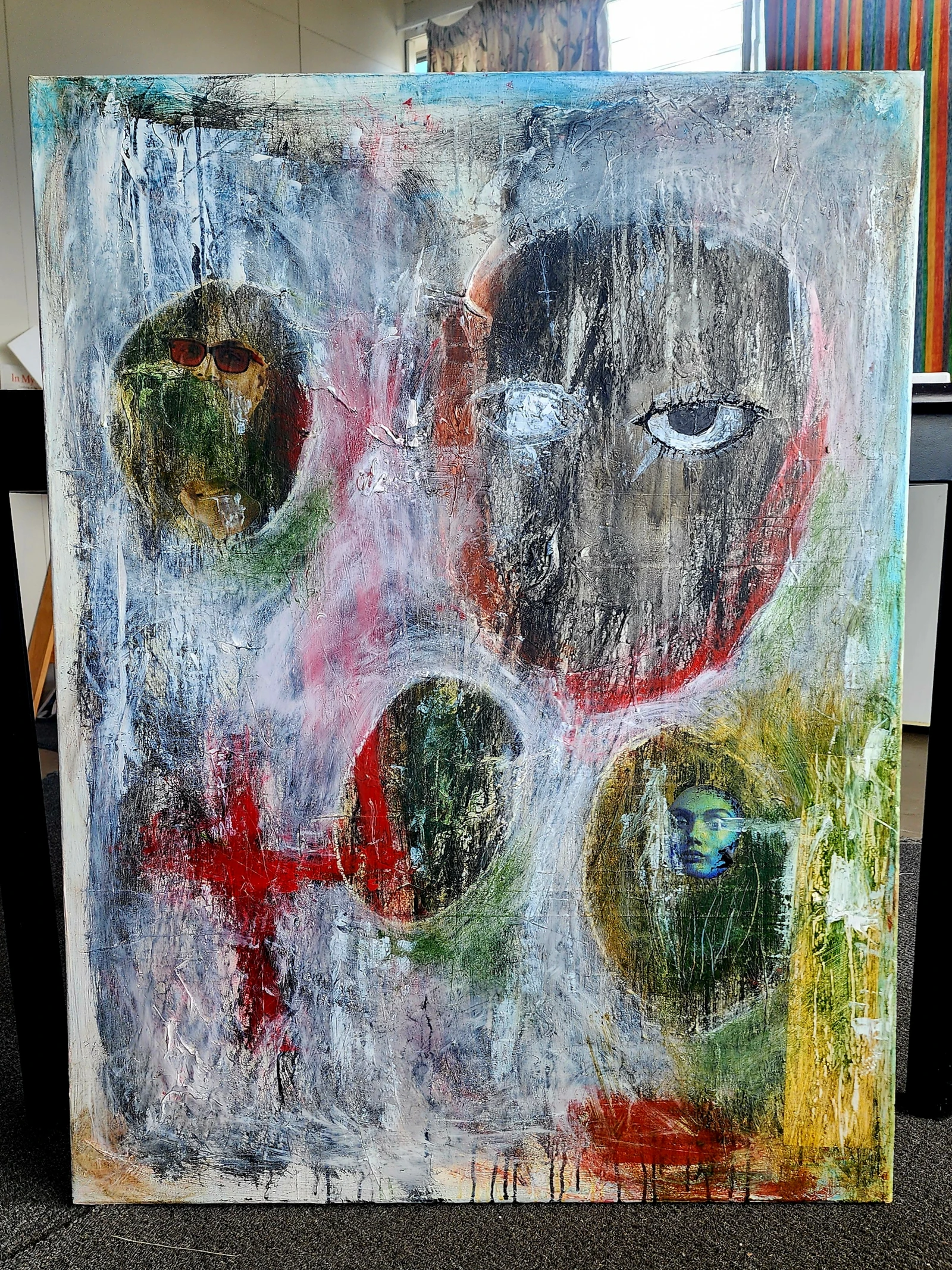 mixed media on canvas
760 x 1010 mm
'we live our lives vicariously through others, viewing the world via social media and online, ignoring the real world around us until it intrudes in our lives'