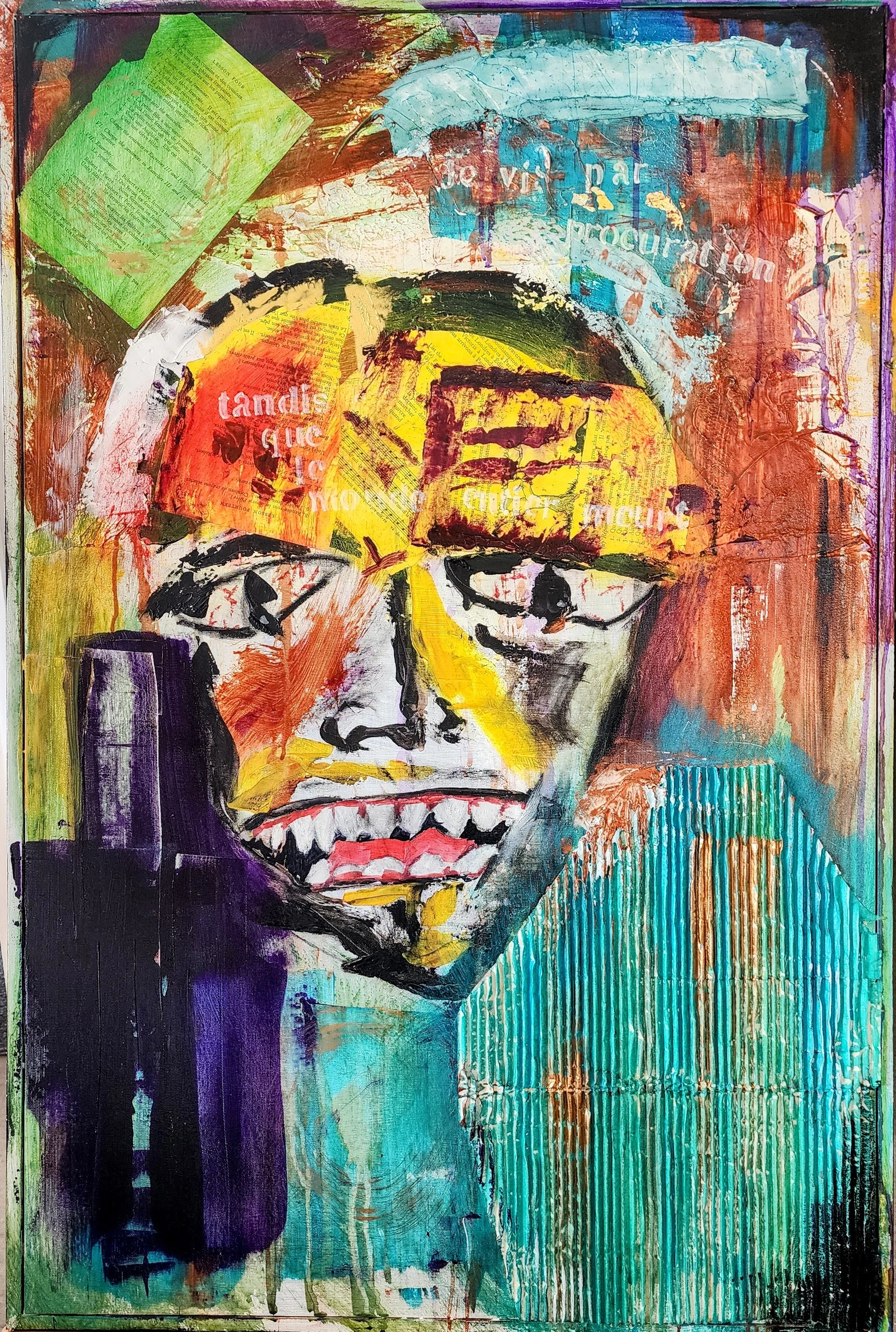 (vicariously i live, while the whole world dies)
mixed media acrylic, pastel, collage on canvas
600 x 900 mm